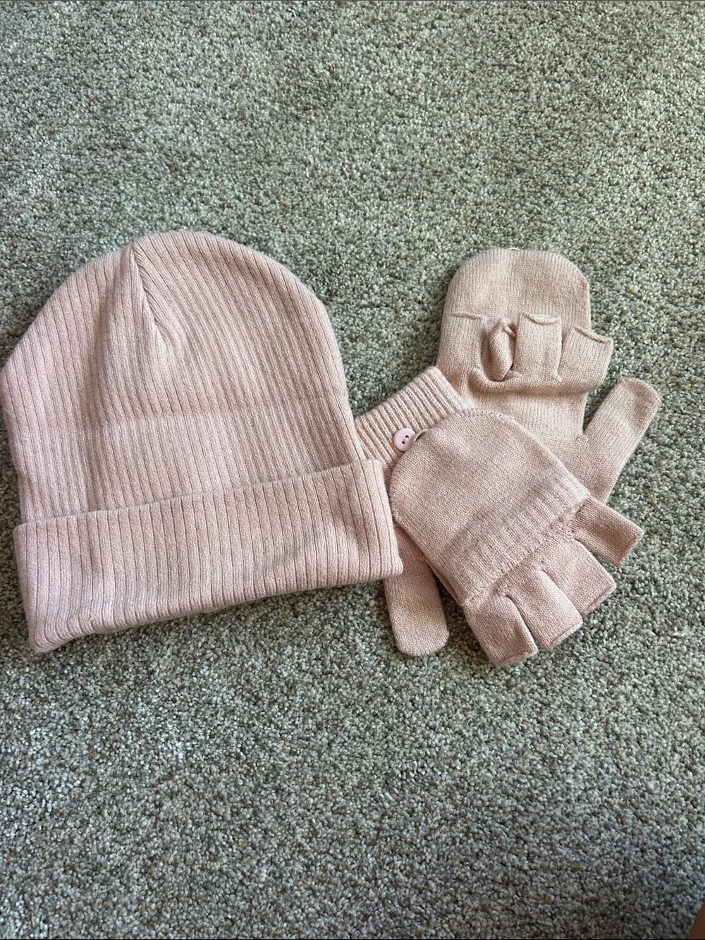 Pink Knit Beanie and Convertible Fingerless Gloves Set
